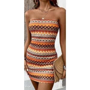 Shein BREEZAYA WOMENS GEOMETRIC STRAPLESS BODYCON MINI DRESS MULTI COLOR SIZE 4